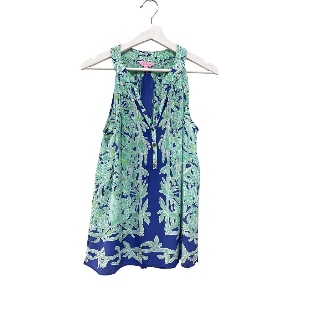 Lilly Pulitzer Top Womens Large Blue Green Silk Halter Tunic Sleeveless Tropical - Picture 3 of 9
